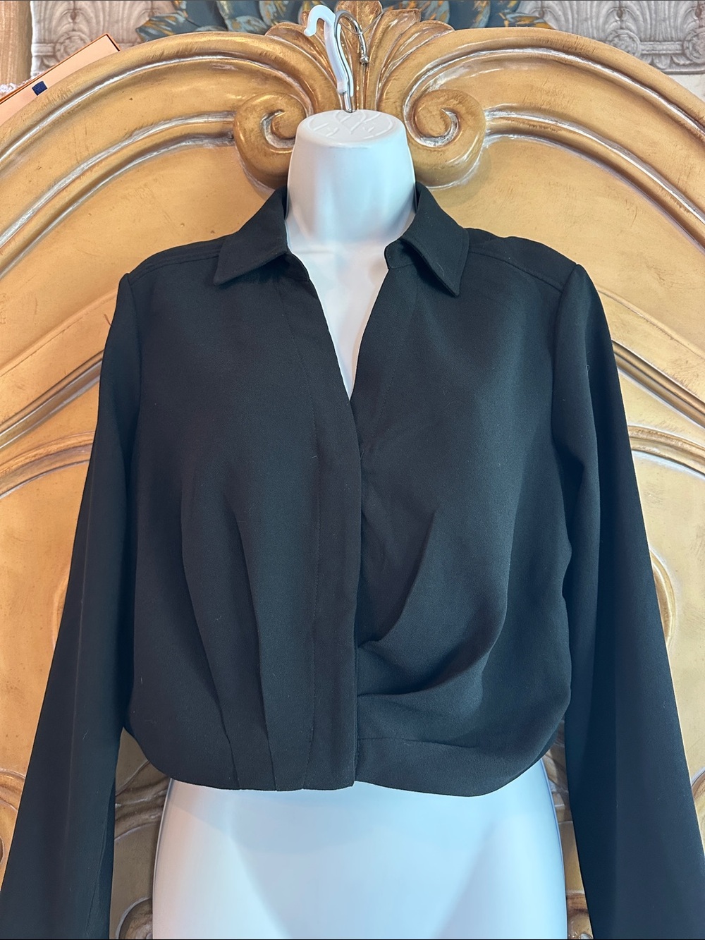 Cropped Black Button-Front Long Sleeve Shirt